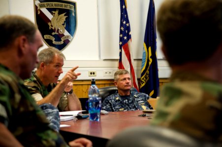 US Navy 100608-N-7526R-096 Master Chief Petty Officer of the Navy (MCPON) Rick West receives an operational brief from members of Naval Special Warfare Unit (NSWU) 2 during a visit to U.S. Army Garrison Stuttgart, Germany