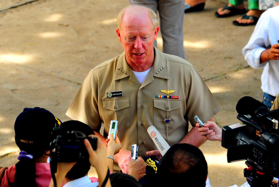 US Navy 100609-N-6410J-210 Adm. Robert F. Willard, commander of U.S. Pacific Command, speaks to media at the Hai Cang medical clinic during a Pacific Partnership 2010 medical community service project