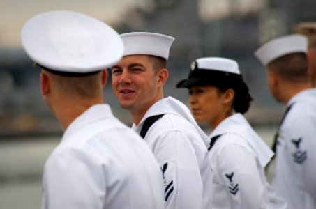 US Navy 100610-N-5319A-166 Information Systems Technician 2nd Class Raymond Fabbilli mans the rails aboard USS New Orleans (LPD 18) photo