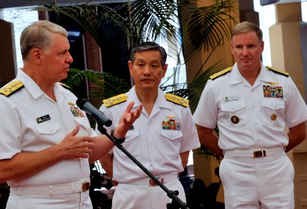 US Navy 100609-N-8273J-208 Chief of Naval Operations (CNO) Adm. Gary Roughead answer questions from media at Joint Base Pearl Harbor-Hickam