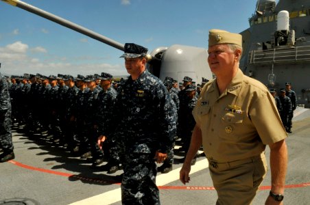 US Navy 100609-N-8273J-034 Chief of Naval Operations (CNO) Adm. Gary Roughead visits with Sailors aboard the Arleigh Burke-class Destroyer USS Hopper (DDG 70) at Joint Base Pearl Harbor-Hickam photo