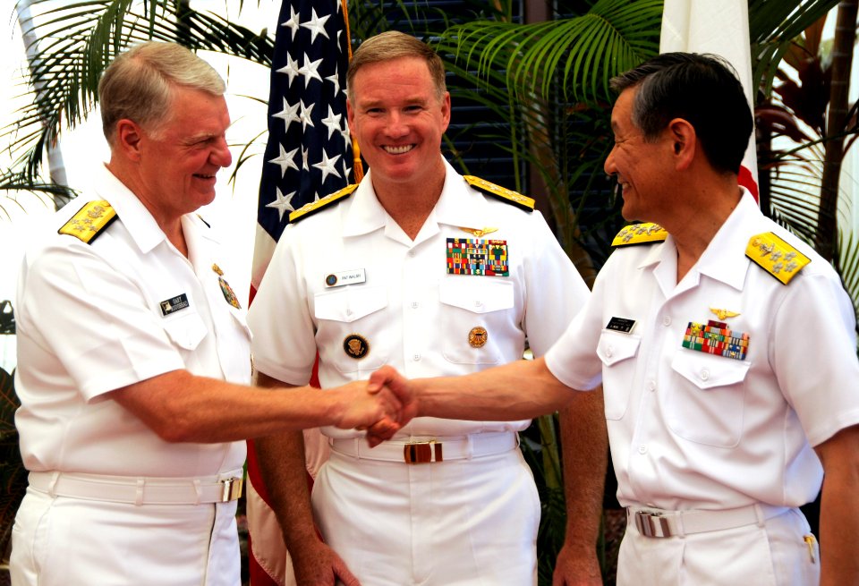 US Navy 100609-N-7498L-194 Chief of Naval Operations (CNO) Adm. Gary Roughead, left, Adm. Patrick Walsh, commander of U.S. Pacific Fleet