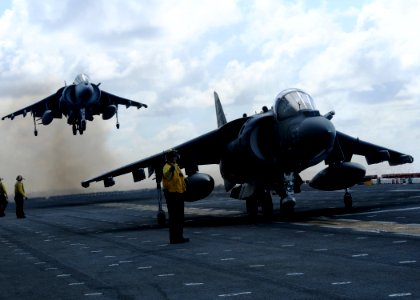 US Navy 100611-N-1226D-438 A Marine Corps AV-8B Harrier, assigned to the Marine Attack Squadron (VMA 311), 15th Marine Expeditionary Unit (15th MEU), approaches the flight deck