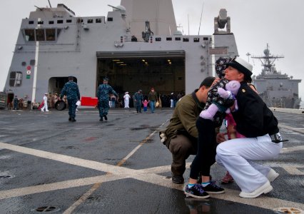 US Navy 100610-N-5319A-054 Chief Quartermaster Susan Bradley hugs her daughter on the flight deck of the amphibious transport dock ship USS New Orleans (LPD18) before the ship departs on a scheduled deployment
