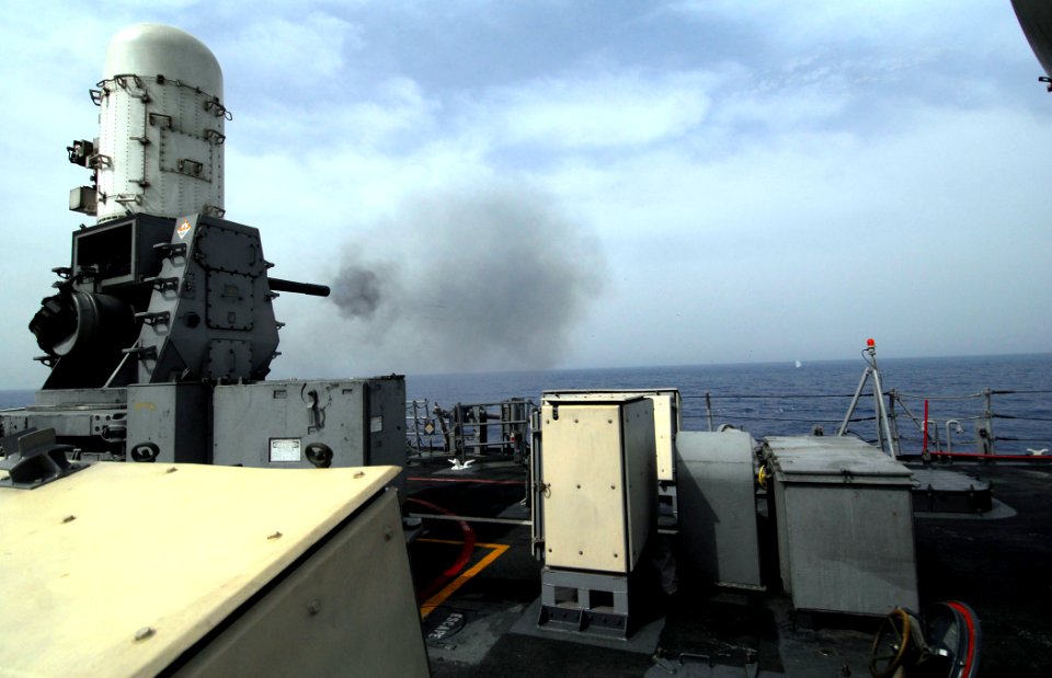 US Navy 100614-N-7638K-243 The guided-missile frigate USS Taylor (FFG 50) fires its Close-In Weapons System (CIWS)