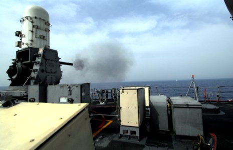 US Navy 100614-N-7638K-243 The guided-missile frigate USS Taylor (FFG 50) fires its Close-In Weapons System (CIWS)