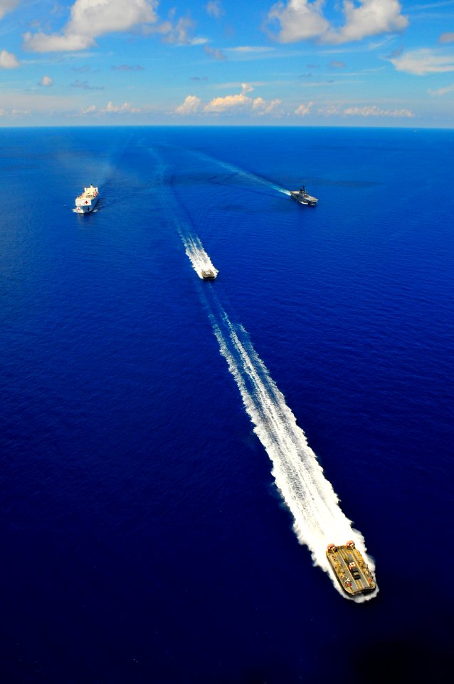 US Navy 100614-N-6597H-636 The Military Sealift Command hospital ship USNS Mercy (T-AH 19), left, the Japan Maritime Self-Defense Force Osumi-class amphibious assault ship JDS Kunisaki (LST 4003)