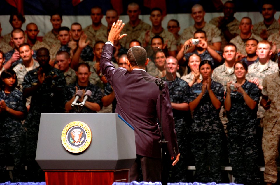 US Navy 100615-N-4482V-006 President Barack Obama waves to the audience after discussing efforts to contain the oil spill in the Gulf of Mexico