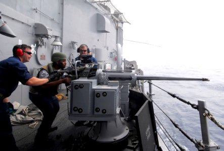US Navy 100614-N-7638K-380 Chief Gunner's Mate Sean Holmes, from Houston, Texas, left, and Gunner's Mate 1st Class Bruce Smith