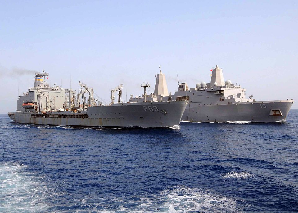 US Navy 100617-N-1082Z-097 USNS Laramie (T-AO 203) conducts a replenishment at sea with USS Mesa Verde (LPD 19)