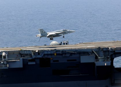 US Navy 100614-N-3885H-035 An F-A-18E Super Hornet lands aboard USS George H.W. Bush (CVN 77)