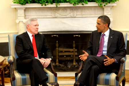 US Navy 100617-N-0000S-001 President Barack Obama meets with Secretary of the Navy (SECNAV) Ray Mabus in the Oval Office photo