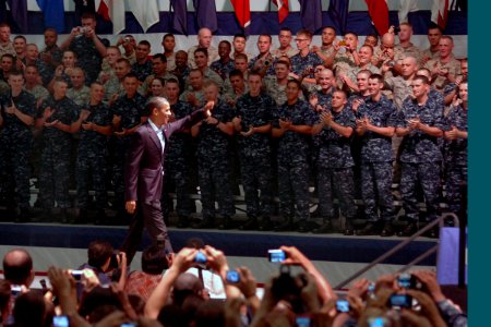 US Navy 100615-N-4482V-001 President Barack Obama is greeted by Sailors and Marines at the Naval Air Technical Training Center on board Naval Air Station Pensacola