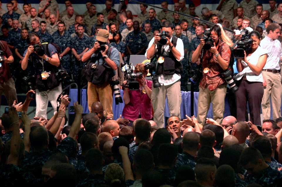 US Navy 100615-N-4482V-008 National and local media photograph President Barack Obama greeting Sailors and Marines at the Naval Air Technical Training Center on board Naval Air Station Pensacola