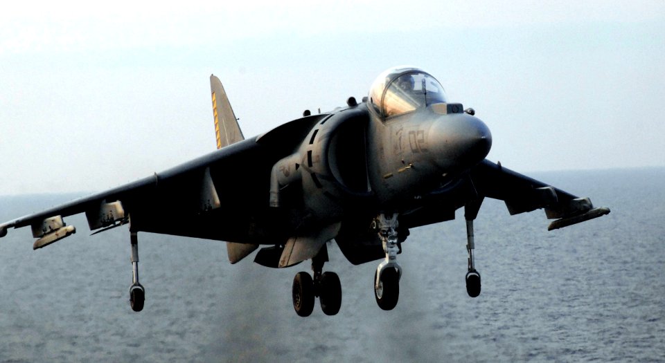 US Navy 100618-N-3852A-178 A Marine Corps AV-8B Harrier II lifts off during flight operations aboard the amphibious assault ship USS Wasp (LHD 1)