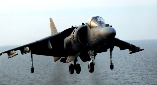 US Navy 100618-N-3852A-178 A Marine Corps AV-8B Harrier II lifts off during flight operations aboard the amphibious assault ship USS Wasp (LHD 1)