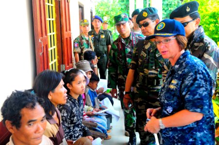 US Navy 100618-N-6410J-090 Capt. Lisa M. Franchetti, right, commander of Pacific Partnership 2010, speaks with Cambodian citizens at a Pacific Partnership 2010 medical civic action event in Rattanakiri, Cambodia