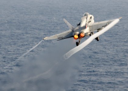 US Navy 100616-N-4236E-291 An F-A-18C Hornet assigned to the Wildcats of Strike Fighter Squadron (VFA) 131 catapults from the aircraft carrier USS Dwight D. Eisenhower (CVN 69)