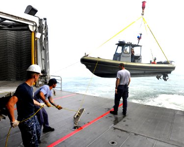US Navy 100616-N-9643W-083 Sailors and contracted mariners aboard High Speed Vessel Swift (HSV 2) launch a small boat during a Southern Partnership Station 2010 training exercise