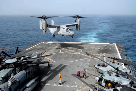 US Navy 100617-N-3358S-042 An MV-22B Osprey assigned to the Golden Eagles of Marine Medium Tiltrotor Squadron (VMM) 162 lands aboard the amphibious transport dock ship USS Mesa Verde (LPD 19)