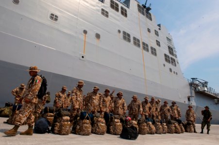 US Navy 100620-N-5319A-022 Mexican marines wait to board the amphibious transport dock ship USS New Orleans (LPD 18) for exercises in Manzanillo, Mexico. New Orleans is participating in Southern Partnership Station,