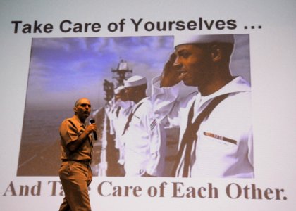 US Navy 100621-N-2218S-002 Command Master Chief Dominick Torchia, assigned to the Naval Safety Center, gives a safety presentation to Sailors at Fleet Activities Yokosuka photo