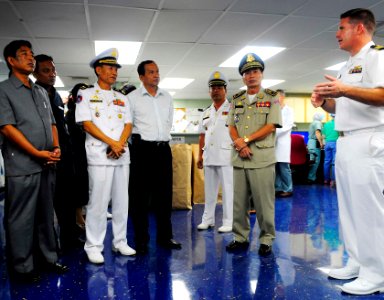 US Navy 100622-N-6410J-114 Cmdr. Trent Douglas speaks about the operating room of the Military Sealift Command hospital ship USNS Mercy (T-AH 19)