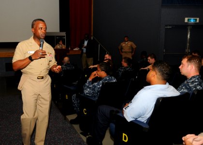 US Navy 100622-N-2218S-002 Rear Adm. Arthur Johnson, commander of the Naval Safety Center, asks Sailors and command safety representatives about their safety concerns during an all-hands call at Fleet Activities Yokosuka