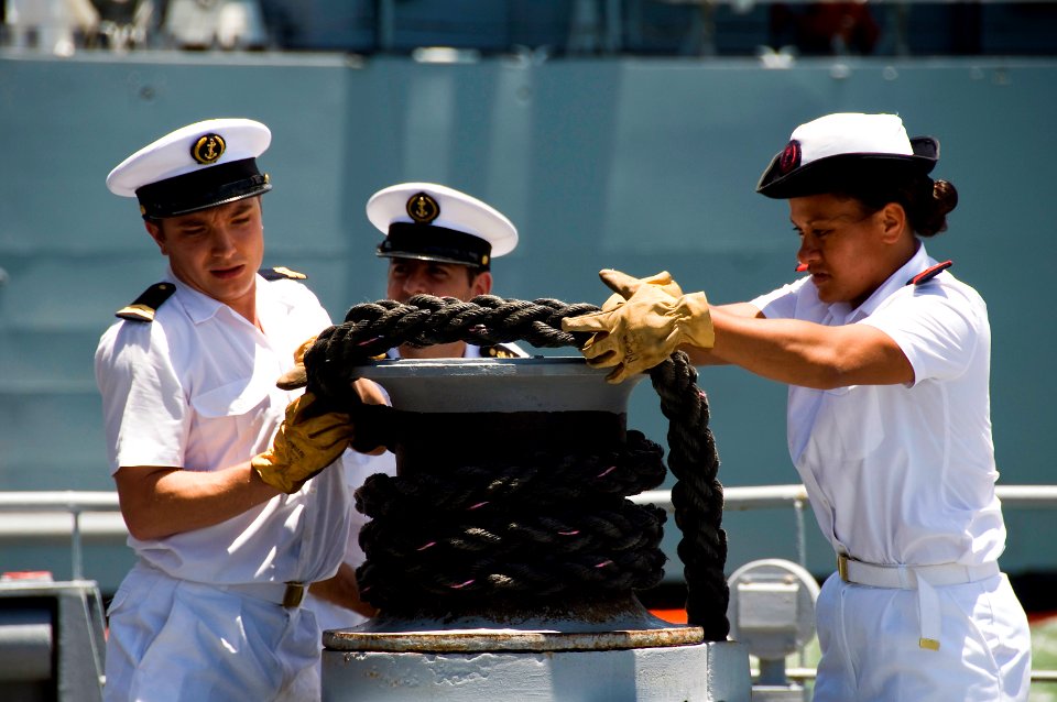 US Navy 100624-N-6674H-032 Sailors aboard the French navy frigate FS Prairial (F 731) perform line handling as the ship moors to the pier at Joint Base Pearl Harbor-Hickam for Rim of the Pacific (RIMPAC) 2010