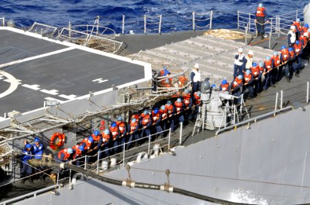 US Navy 100624-N-7042V-047 Sailors aboard the Ticonderoga-class guided-missile cruiser USS Chancellorsville (CG 62) hoist aboard a fuel line from the aircraft carrier USS Ronald Reagan (CVN 76)