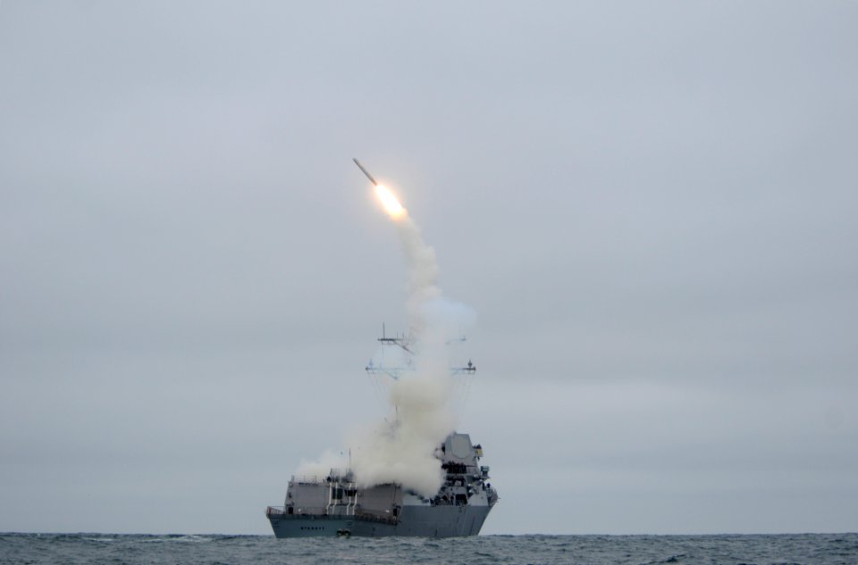 US Navy 100623-N-0775Y-030 A Tomahawk missile begins its tip-over phase of flight after being launched from the guided-missile destroyer USS Sterett (DDG 104)