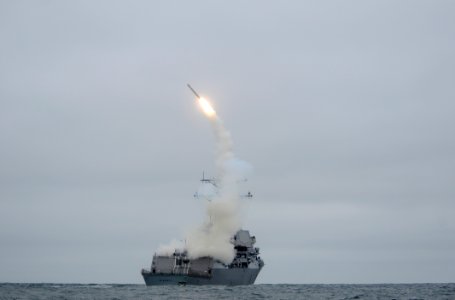 US Navy 100623-N-0775Y-030 A Tomahawk missile begins its tip-over phase of flight after being launched from the guided-missile destroyer USS Sterett (DDG 104)