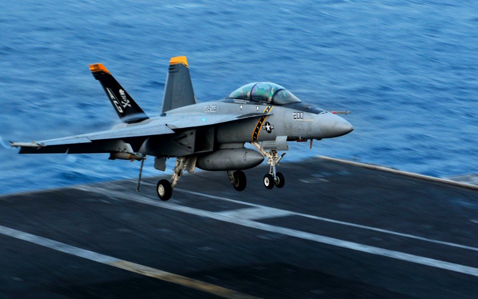 US Navy 100623-N-3595W-001 An F-A-18F Super Hornet assigned to the Pukin' Dogs of Strike Fighter Squadron (VFA) 143 lands aboard the aircraft carrier USS Dwight D. Eisenhower (CVN 69)