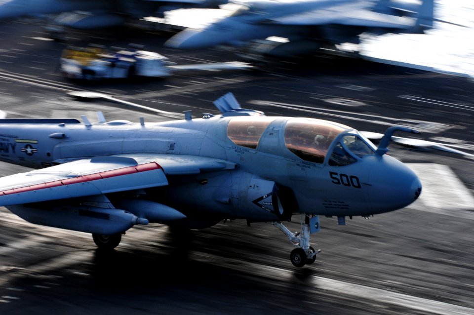 US Navy 100625-N-3659B-250 An EA-6B Prowler assigned to the Cougars of Tactical Electronic Warfare Squadron (VAQ) 139 makes an arrested recovery aboard the aircraft carrier USS Ronald Reagan (CVN 76)