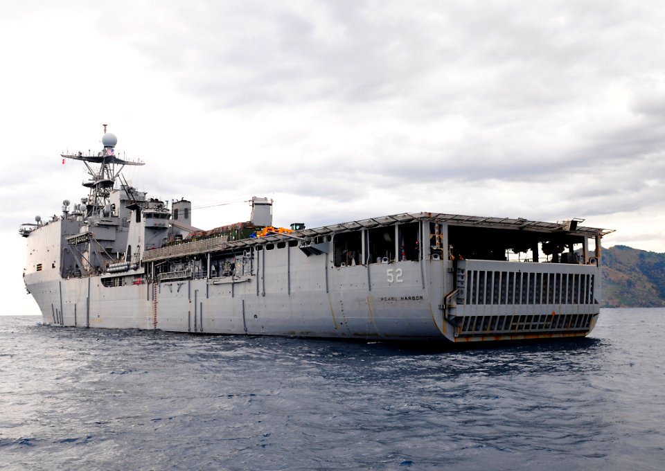 US Navy 100623-N-7948R-563 The amphibious dock landing ship USS Pearl Harbor (LSD 52) is seen off the coast of Dili, Timor Leste