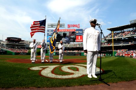 US Navy 100623-N-9818V-138 Chief Musician Daryl Duff, assigned to the U.S. Navy Band, sings the national anthem during Navy Day at Nationals park photo
