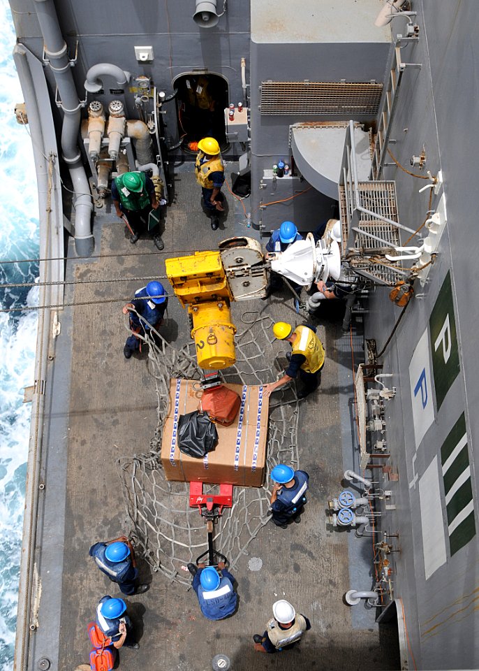 US Navy 100626-N-1082Z-017 Sailors prepare a pallet of outgoing mail to be sent to the Military Sealift Command fleet replenishment oiler USNS John Lenthall (T-AO 189)