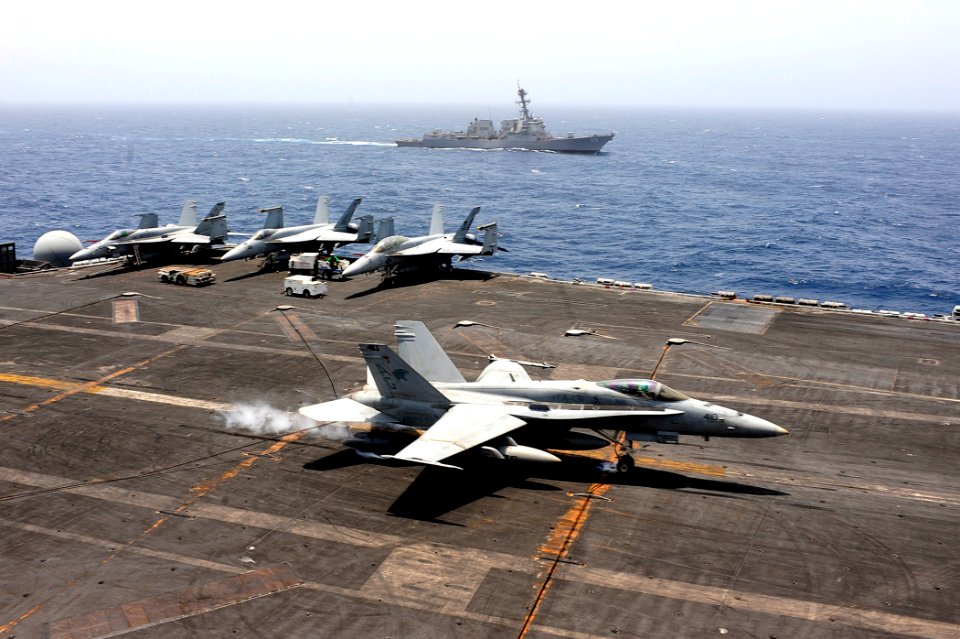 US Navy 100624-N-6604E-136 An F-A-18C Hornet assigned to the Wildcats of Strike Fighter Squadron (VFA) 131 lands aboard the aircraft carrier USS Dwight D. Eisenhower (CVN 69)