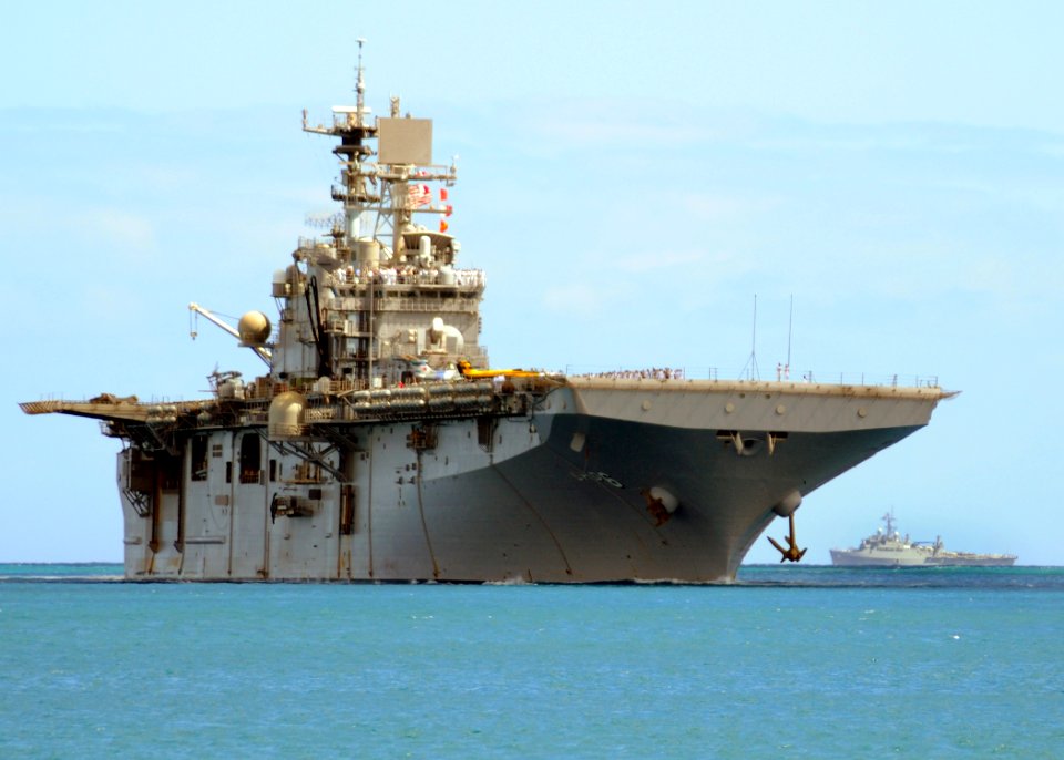 US Navy 100624-N-6854D-070 USS Bonhomme Richard (LHD 6) pulls into Joint Base Pearl Harbor-Hickam, Hawaii, in front of USS Cleveland (LPD 7) to support RIMPAC 2010