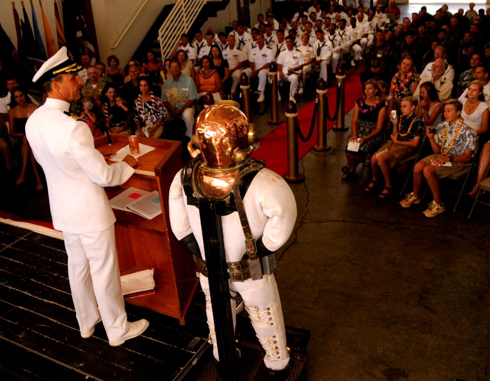 US Navy 100624-N-7498L-261 Cmdr. John Moulton speaks during the change of command ceremony for Mobile Diving Salvage Unit (MDSU) 1