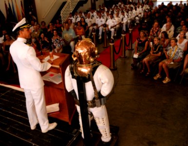 US Navy 100624-N-7498L-261 Cmdr. John Moulton speaks during the change of command ceremony for Mobile Diving Salvage Unit (MDSU) 1
