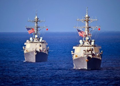 US Navy 100628-N-6720T-064 The guided-missile destroyer USS McCampbell (DDG 85), left, and the guided-missile destroyer USS Curtis Wilbur (DDG 54) transit the Western Pacific Ocean