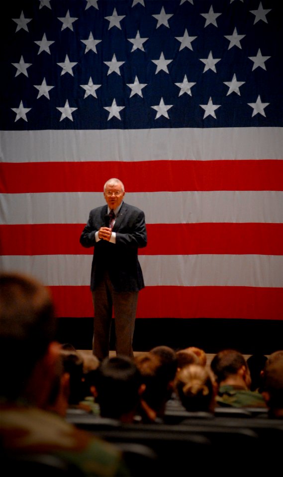 US Navy 100629-N-7367K-002 Former astronaut Fred Haise, a lunar module pilot on Apollo 13, speaks to service members at the Training Hall at Naval Construction Battalion Center, Gulfport