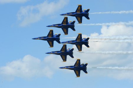 US Navy 100627-N-0092J-127 Pilots assigned to the U.S. Navy flight demonstration squadron, the Blue Angels, perform the maneuvering delta formation at the Great Minnesota Air Show. The delta formation includes six F-A-18 Hornet
