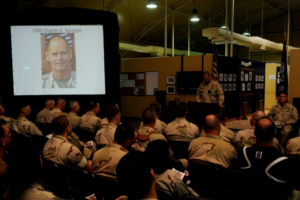 US Navy 100627-N-0555B-071 Capt. William Warnock, officer in charge of U.S. Naval Forces Central Command Forward Headquarters Kuwait, speaks at the dedication ceremony of the Cmdr. Charles