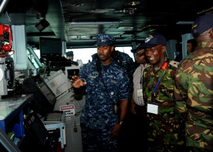 US Navy 100629-N-4236E-592 Distinguished visitors from U.S. Africa Command and Combined Joint Task Force, Horn of Africa learn about bridge operations during a tour of the Nimitz-class aircraft carrier USS Dwight D. Eisenhower