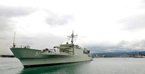 US Navy 100628-O-8247S-075 The Royal Australian Navy amphibious landing platform HMAS Kanimbla (L 51) pulls into port at the Joint Base Pearl Harbor-Hickam to participat in Rim of the Pacific (RIMPAC) 2010 exercise