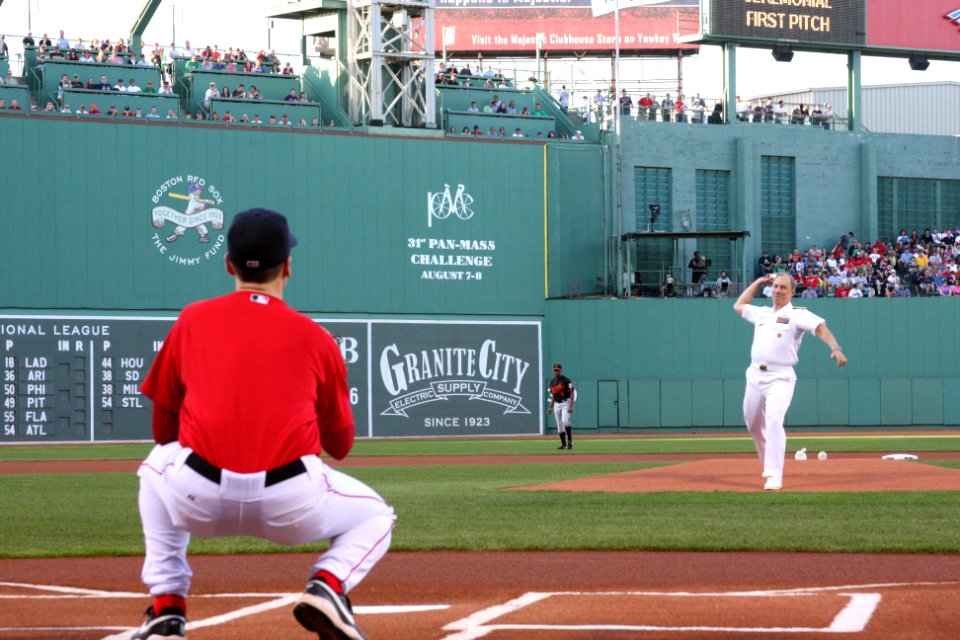 US Navy 100702-N-3038C-200 Rear Adm. Mark S. Boensel, commander of Navy Region, Mid-Atlantic, throws out the first pitch before a baseball game at Fenway Park during Boston Navy Week