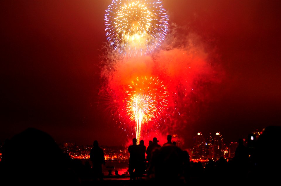 US Navy 100704-N-4053P-062 Sailors and their families watch a fireworks display over San Diego Bay aboard the aircraft carrier USS Nimitz (CVN 68)