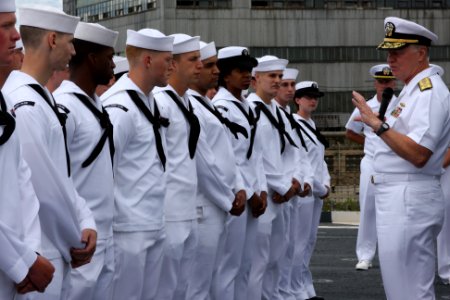 US Navy 100701-N-3038C-112 Chief of Naval Operations (CNO) Adm. Gary Roughead answers questions from the crew of the amphibious dock landing ship USS Whidbey Island (LSD 41) during an admiral's call